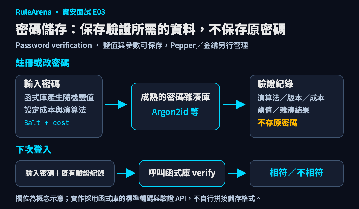 圖 3：註冊時建立驗證紀錄，登入時交給函式庫 verify；欄位只是概念示意，不是自訂儲存格式。